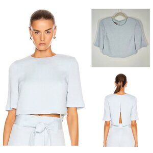 Staud Blue Ribbed Florence Top Cropped Slit Back Short Sleeve Women's Size Small